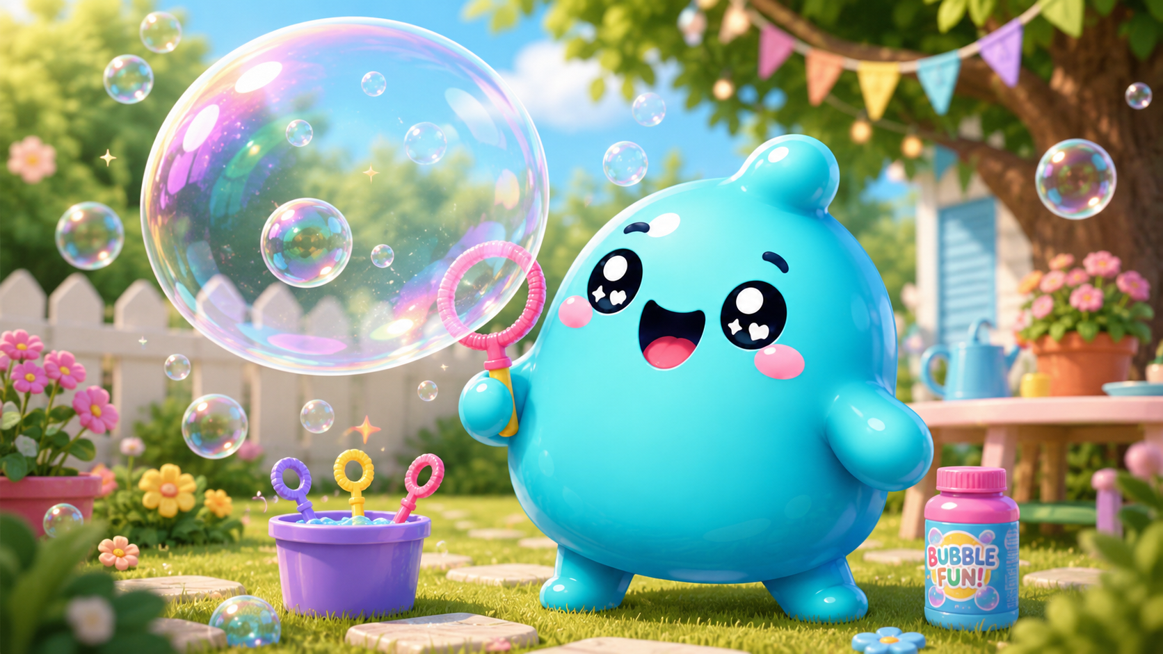 SquishBlob blowing bubbles in a sunny garden