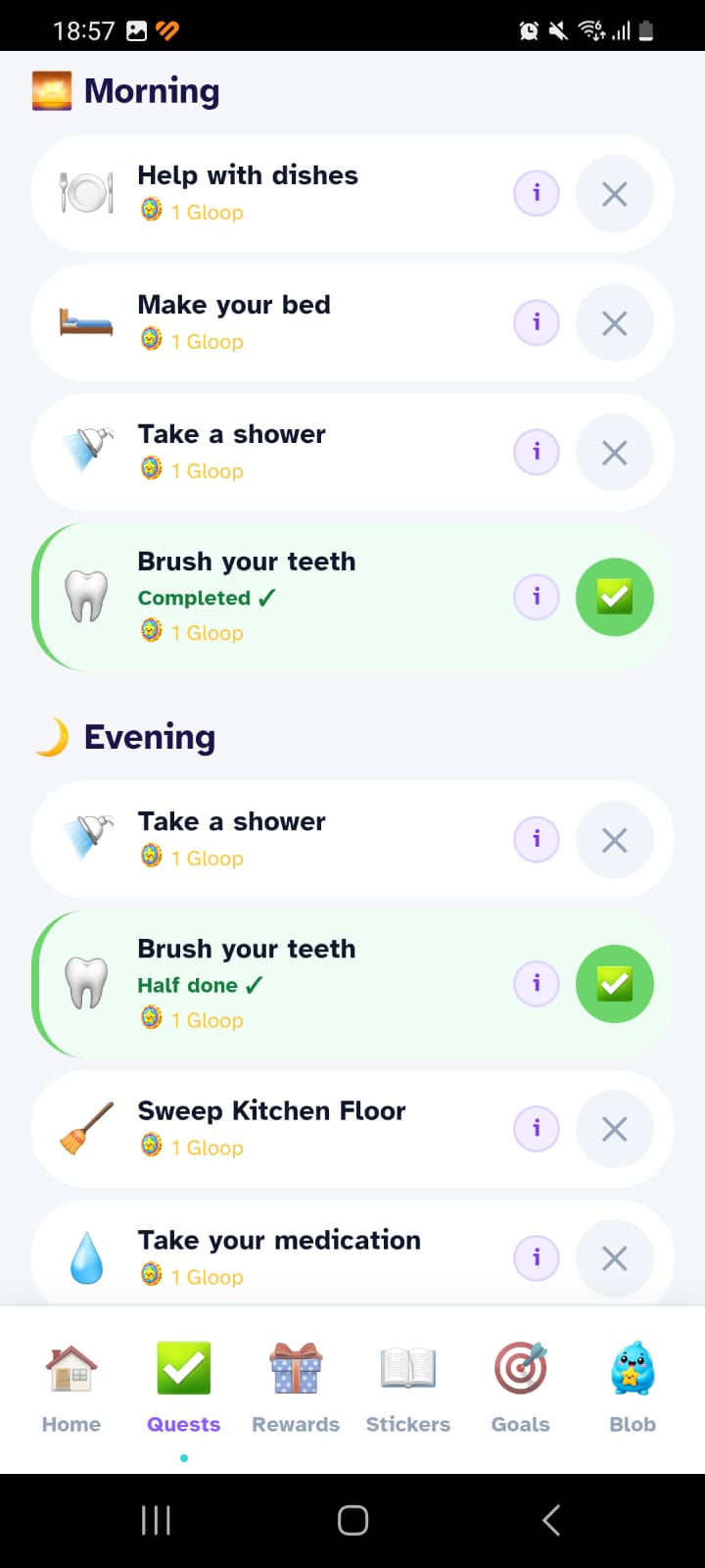 Daily quests grouped into morning and evening routines