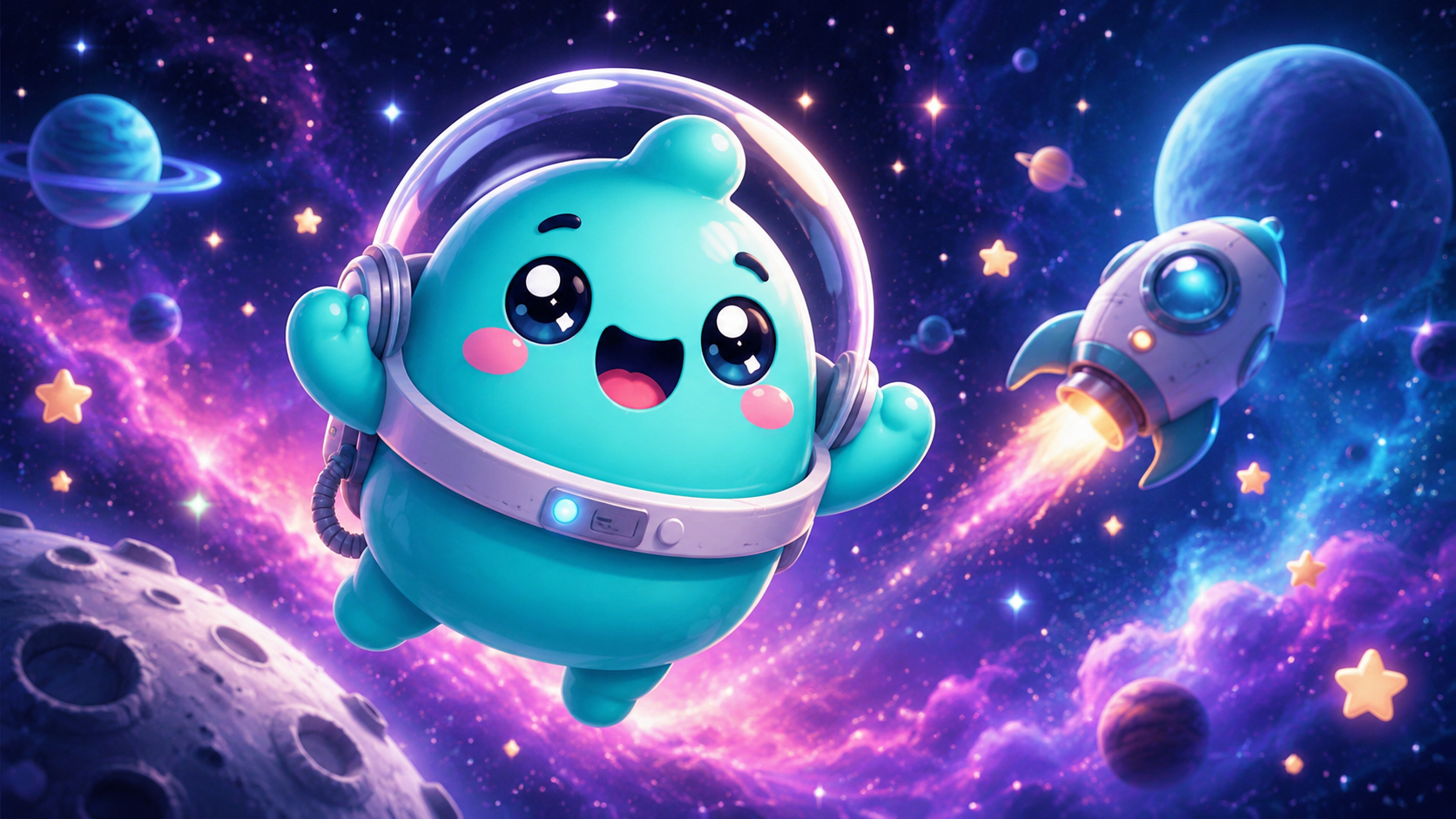 SquishBlob exploring space beside a rocket