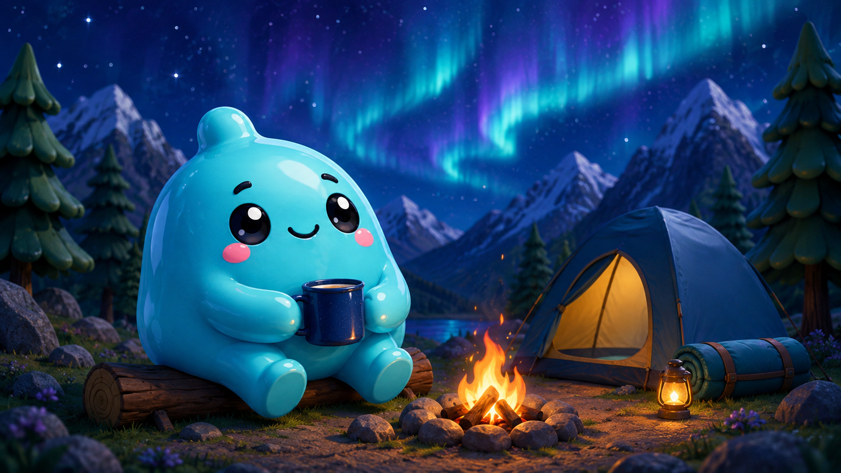 SquishBlob relaxing by a campfire beneath the aurora